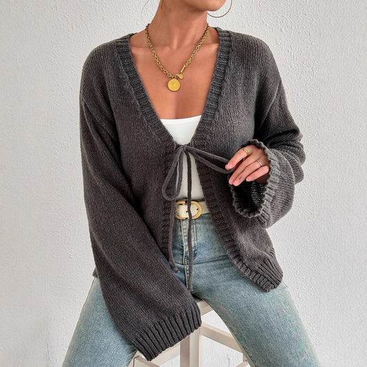 Sexy Deep V-neck Lace-up Knitted Solid Color Long Sleeve Sweater Coat