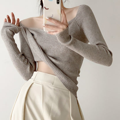 Petal Collar Knitted Off-shoulder Inner Bottoming Sweater