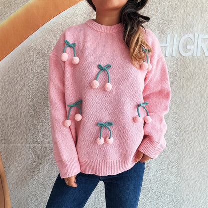 Round Neck Stitching Three-dimensional Cherry Sweater