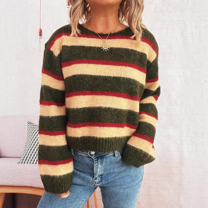 Striped Contrast Color Commuter Knit Casual Round Neck Long Sleeve Sweater