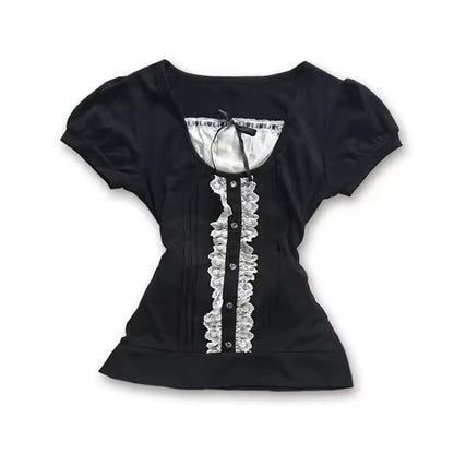 Fashion Color Contrast Polka-dot Cinched Slimming Casual Short-sleeved T-shirt
