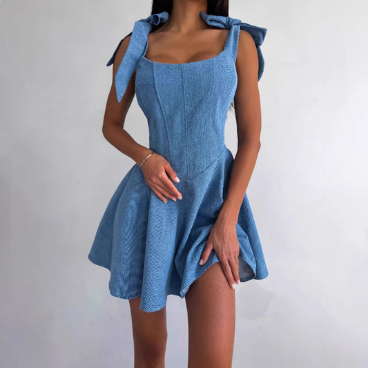 Fashion Hot Girl Square Collar Lace Up Fishbone Waist Dress