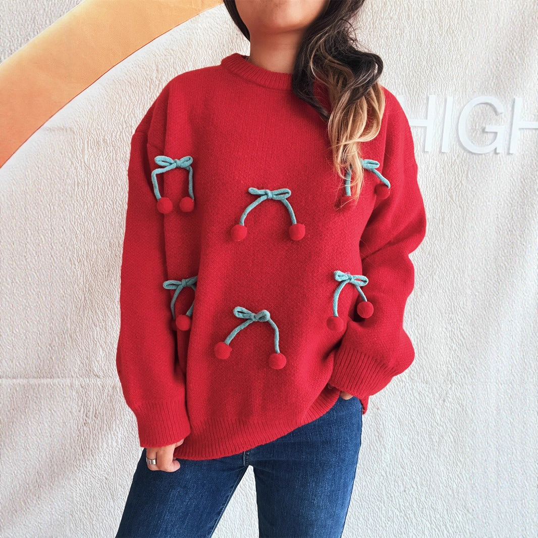 Round Neck Stitching Three-dimensional Cherry Sweater