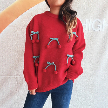 Round Neck Stitching Three-dimensional Cherry Sweater