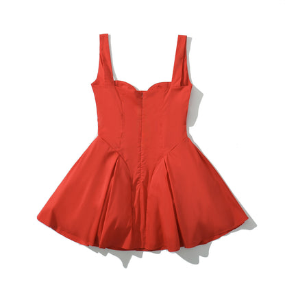 Backless Short Suspender Dress French Square Collar A- Line Mini Skirt