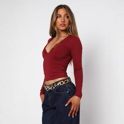 Fashion Slim-fit Shoulder Long Sleeve Lace Flower