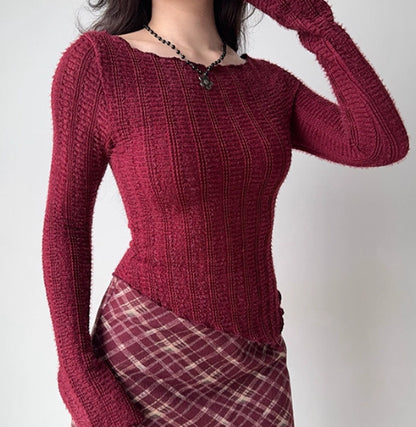 Retro Red Sweater Women's Irregular Hem Slim Fit Bottoming Top