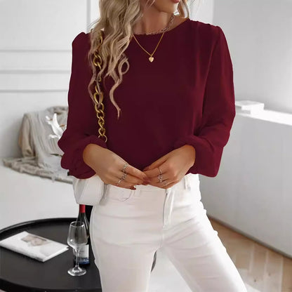 Solid Color Round Neck Long Sleeve Top