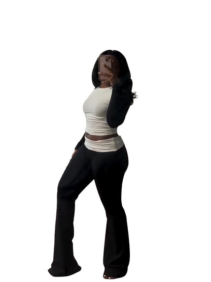 Contrast Color Tight High Waist Fold Slim Fit Velvet Sport Suit