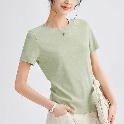 Women's Round Neck Pure Color All-matching Heavy Bamboo Snowflake Cotton T-shirt