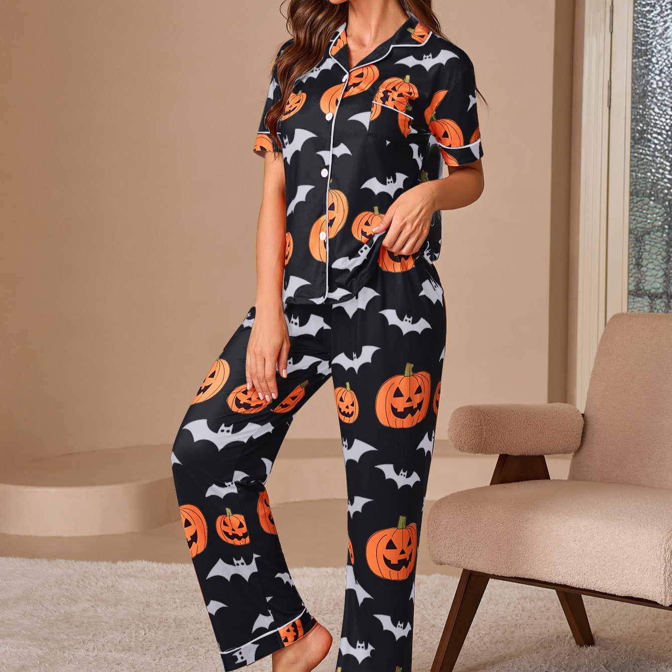 Women's Printed Pajamas Suit Fashionable Short-sleeved Shirt And Trousers