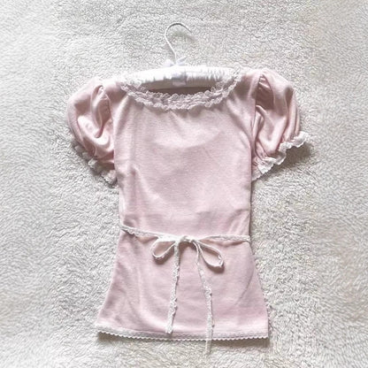 French Retro Lace Stitching Bow Top For Women