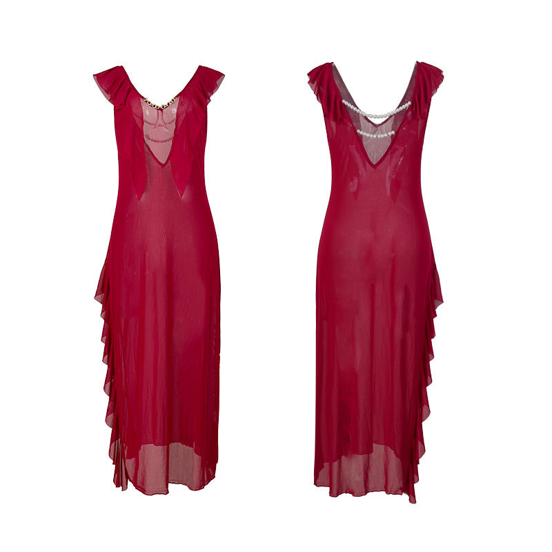 Women's Ruffled Sexy V-neck Backless Pearl Dress