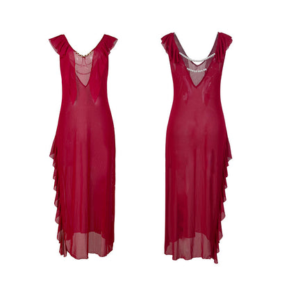 Women's Ruffled Sexy V-neck Backless Pearl Dress