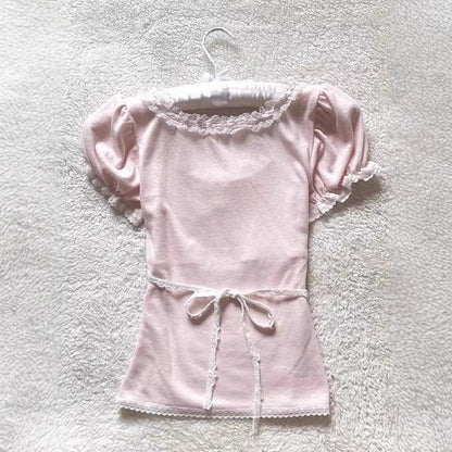 French Retro Lace Stitching Bow Top For Women