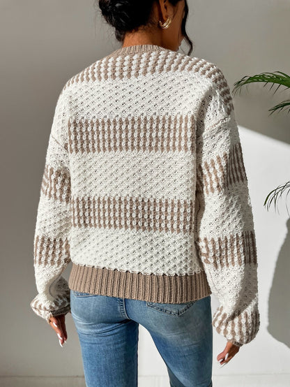 Contrast Color Drop Shoulder Round Neck Loose Casual Long Sleeves Sweater