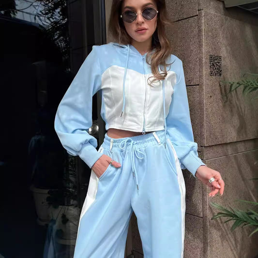 Fashion Casual Sweater Suit Denim Stitching Hooded Top And Trousers Women's Clothing