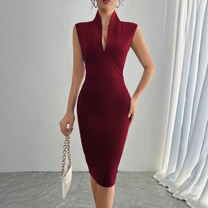 Women's Fashion Solid Color Pleated Slim Dress
