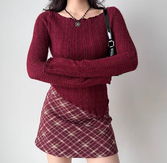 Retro Red Sweater Women's Irregular Hem Slim Fit Bottoming Top