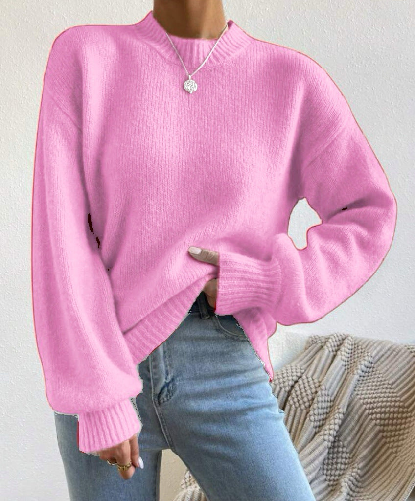 Pure Color Half Collar Leisure Pullover Sweater Women's Long-sleeved Sweater