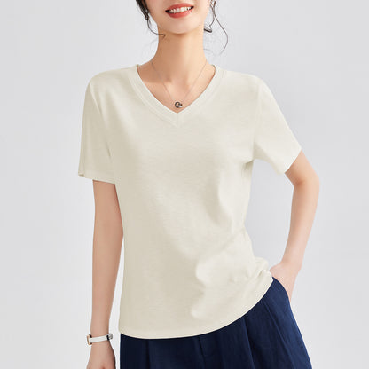 Women's Round Neck Pure Color All-matching Heavy Bamboo Snowflake Cotton T-shirt