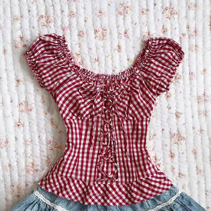 Fashion Color Contrast Polka-dot Cinched Slimming Casual Short-sleeved T-shirt
