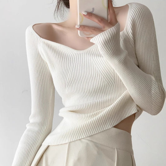 Petal Collar Knitted Off-shoulder Inner Bottoming Sweater