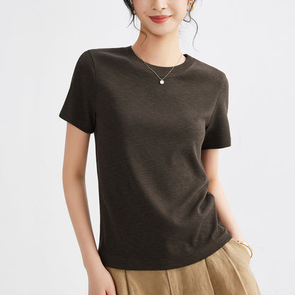 Women's Round Neck Pure Color All-matching Heavy Bamboo Snowflake Cotton T-shirt