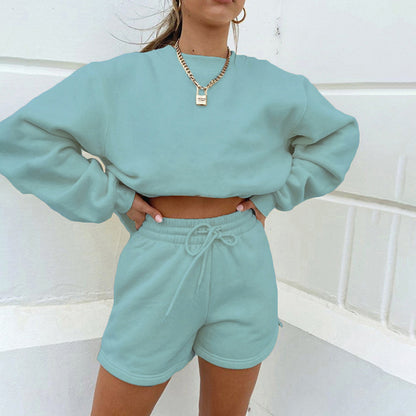 Long Sleeve Shorts Sweater Suit Solid Color Fashion Casual